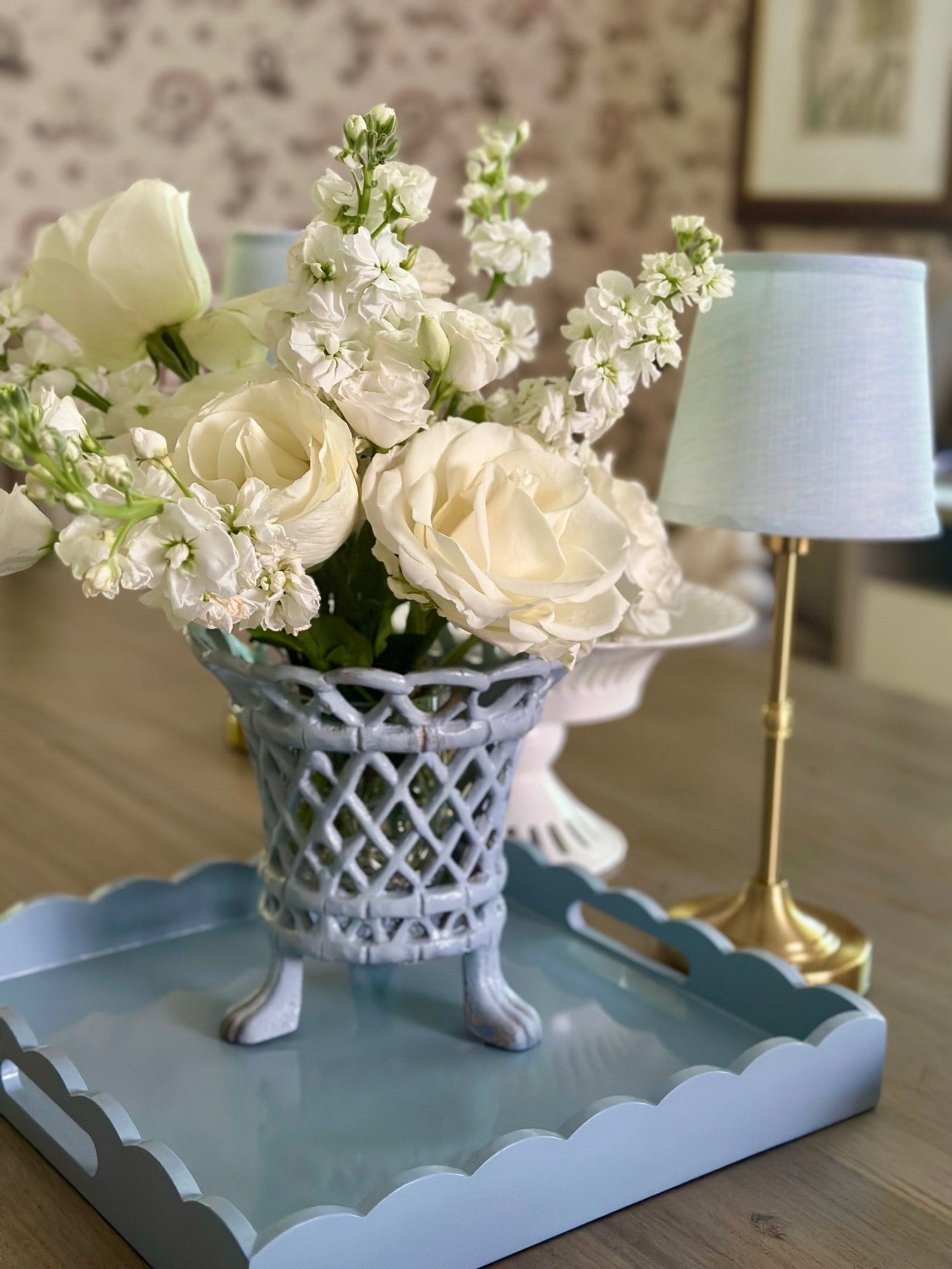 Antique Gold Metal Mini Rechargeable Lamp with Soft Blue Shade