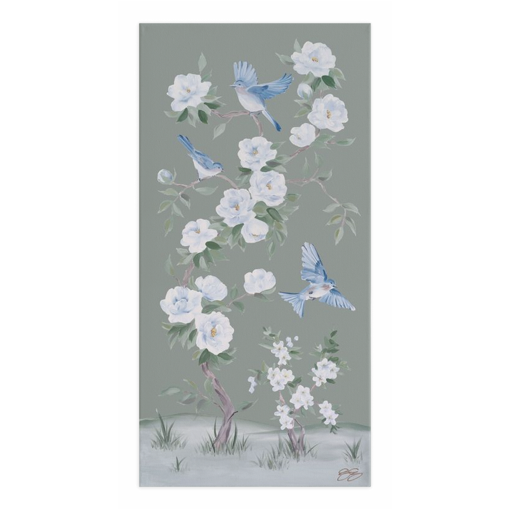 Bluebirds and Peonies – Green Chinoiserie Canvas Wrap (Various Sizes)