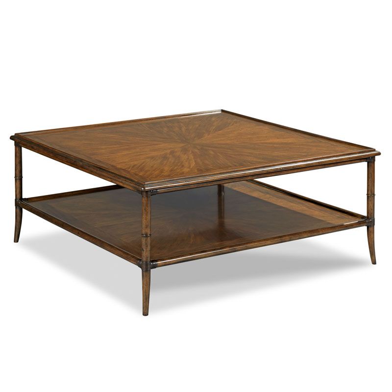 Square Walnut Cocktail Table with Faux Bamboo Legs and Leather-Bound Shelf
