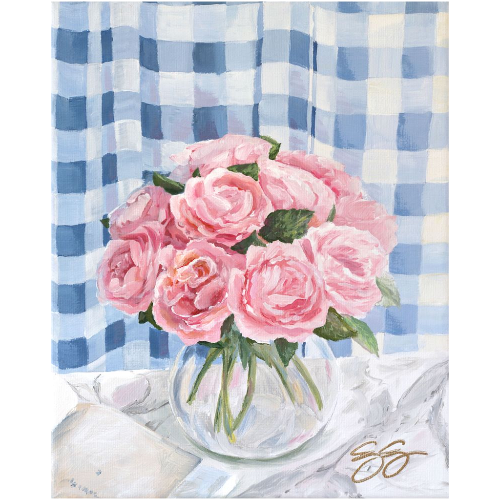 Tea Roses and Gingham – Fine Art Floral Canvas Print (Various Sizes)