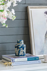 Petite Hexagonal Blue and White Lidded Ceramic Ginger Jar