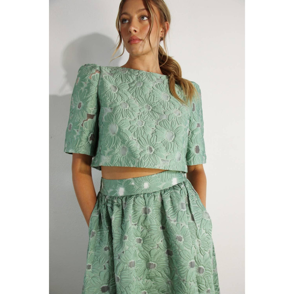 Flower Embossed Crop Top & Skirt Set