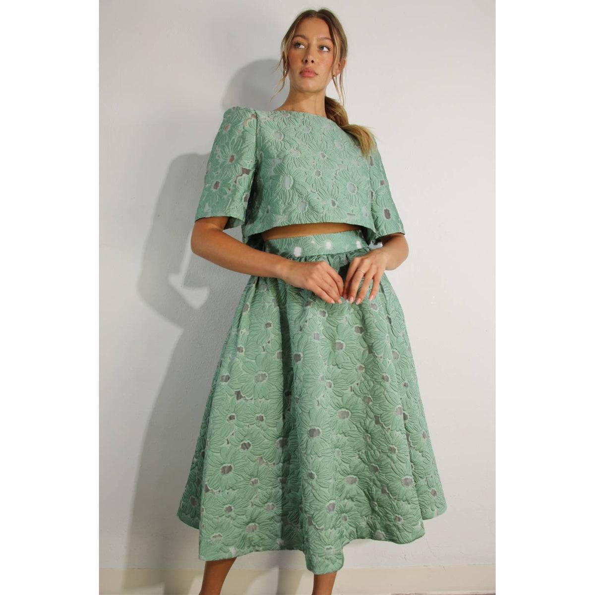 Flower Embossed Crop Top & Skirt Set