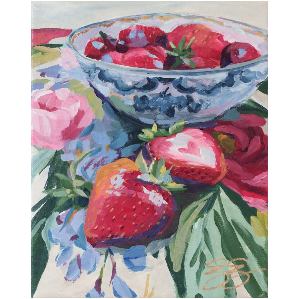 Strawberries on Floral Fabric – Canvas (Various Sizes)