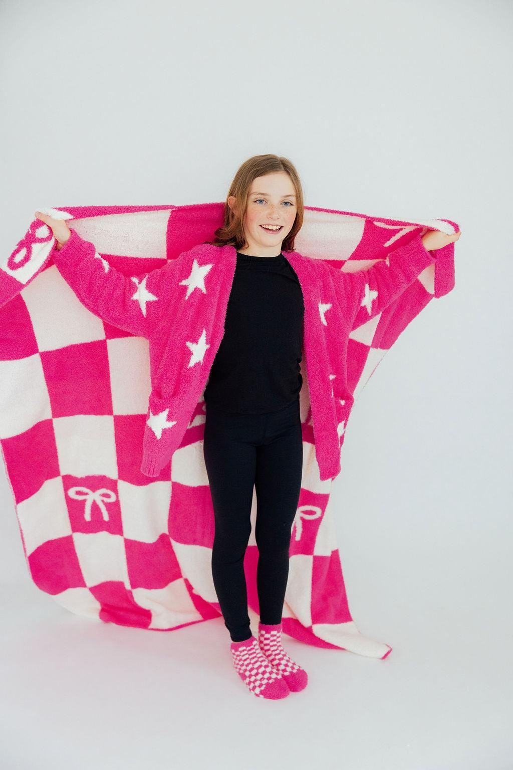 Bright Pink Checker Bow Cozy Blanket