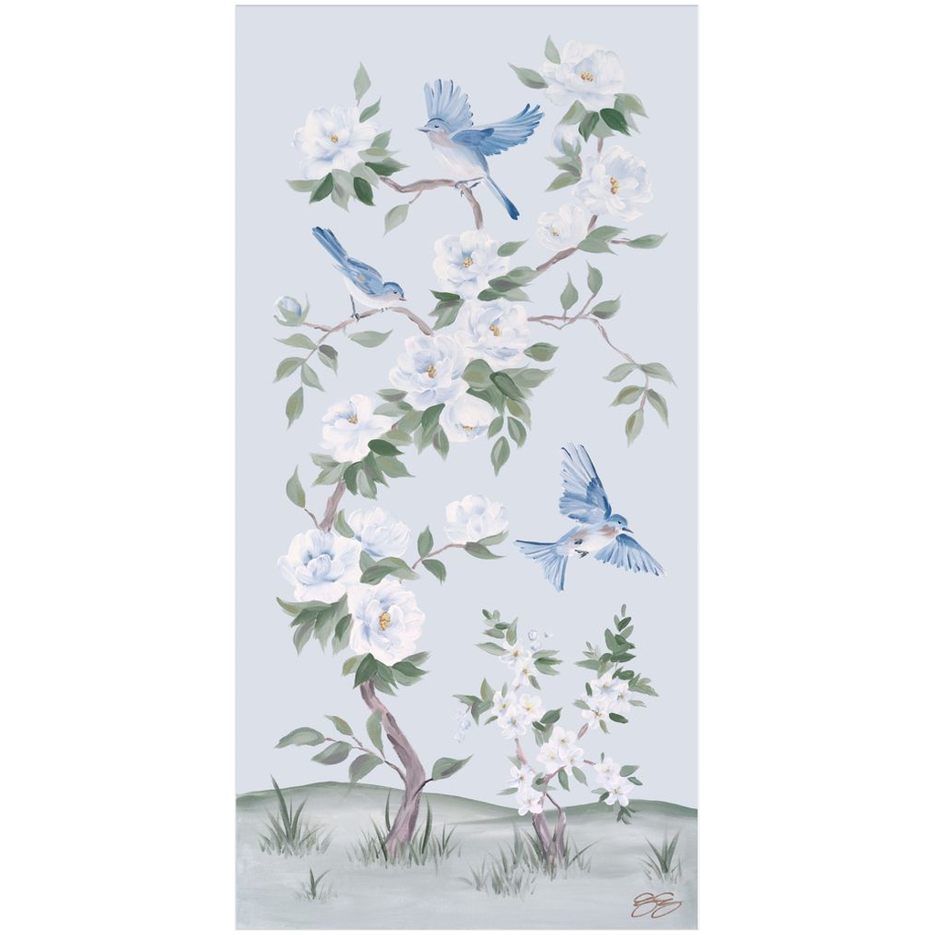 Bluebirds and Peonies – Light Blue Chinoiserie Fine Art Paper Print (Various Sizes)