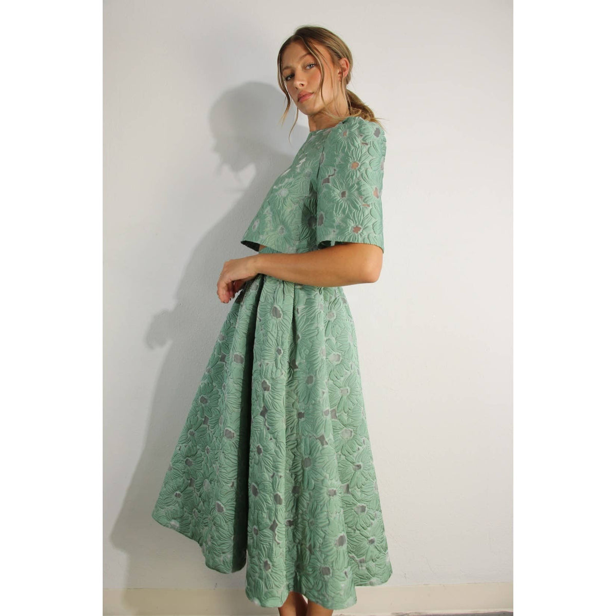 Flower Embossed Crop Top & Skirt Set