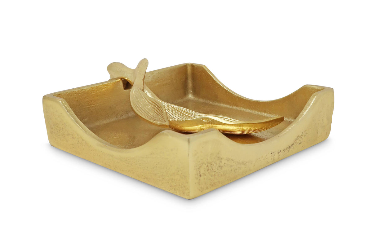 Gold Square Napkin Holder w/ Leaf Tong