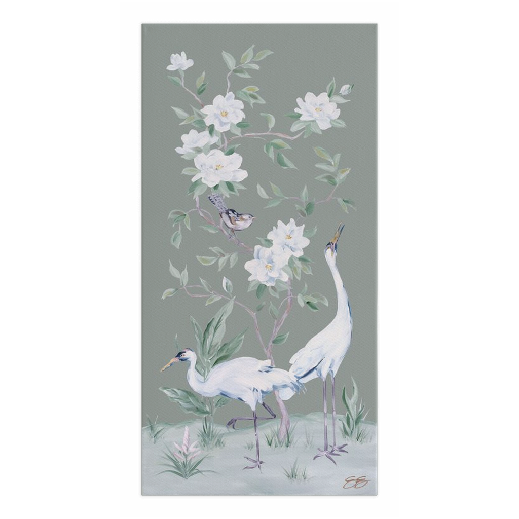 Cranes and Gardenias, a Green Chinoiserie Canvas Wrap