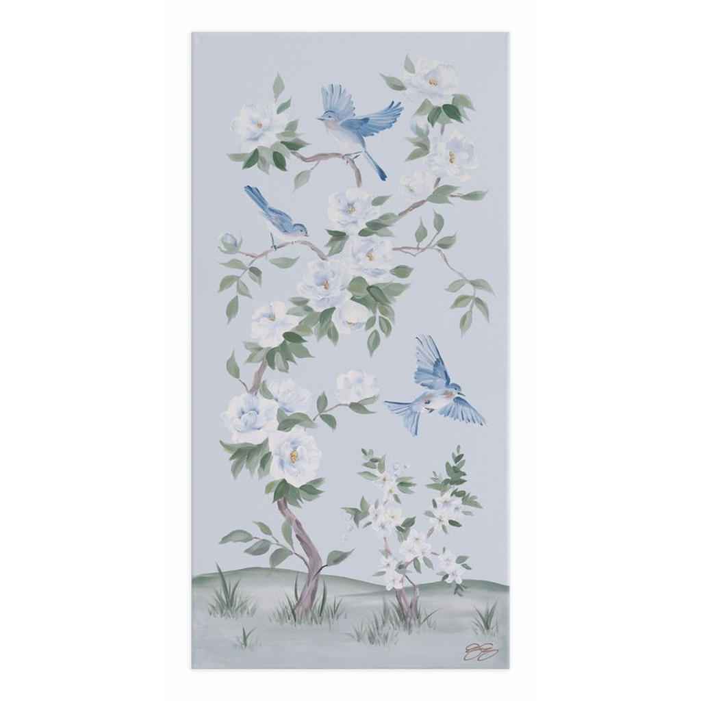 Bluebirds and Peonies – Light Blue Chinoiserie Canvas Wrap (Various Sizes)