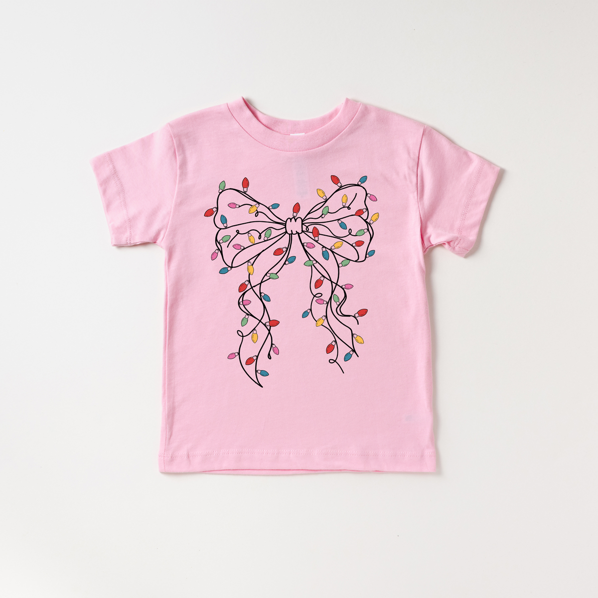 Girls Coquette Bow Christmas Lights Tee Sweatshirt (Various Colors/Short & Long Sleeve Options))
