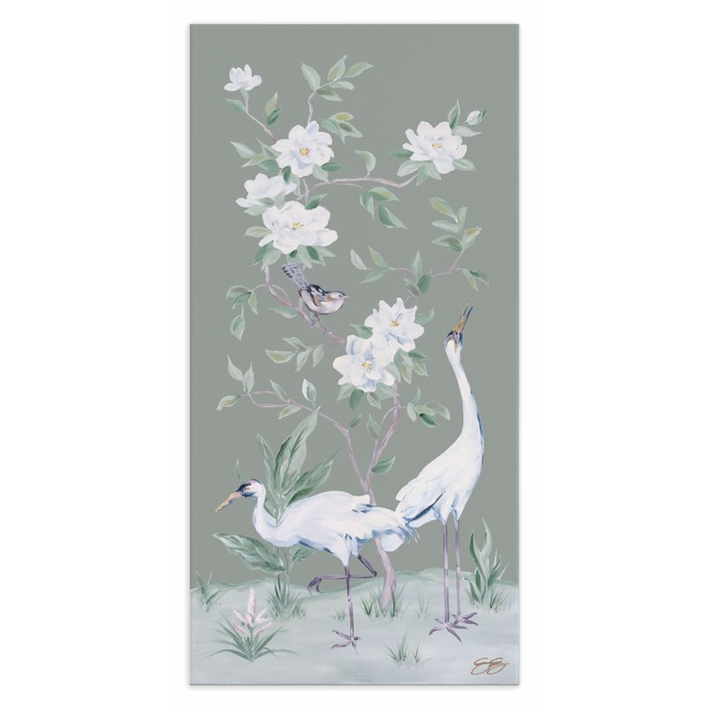 Cranes and Gardenias, a Green Chinoiserie Canvas Wrap