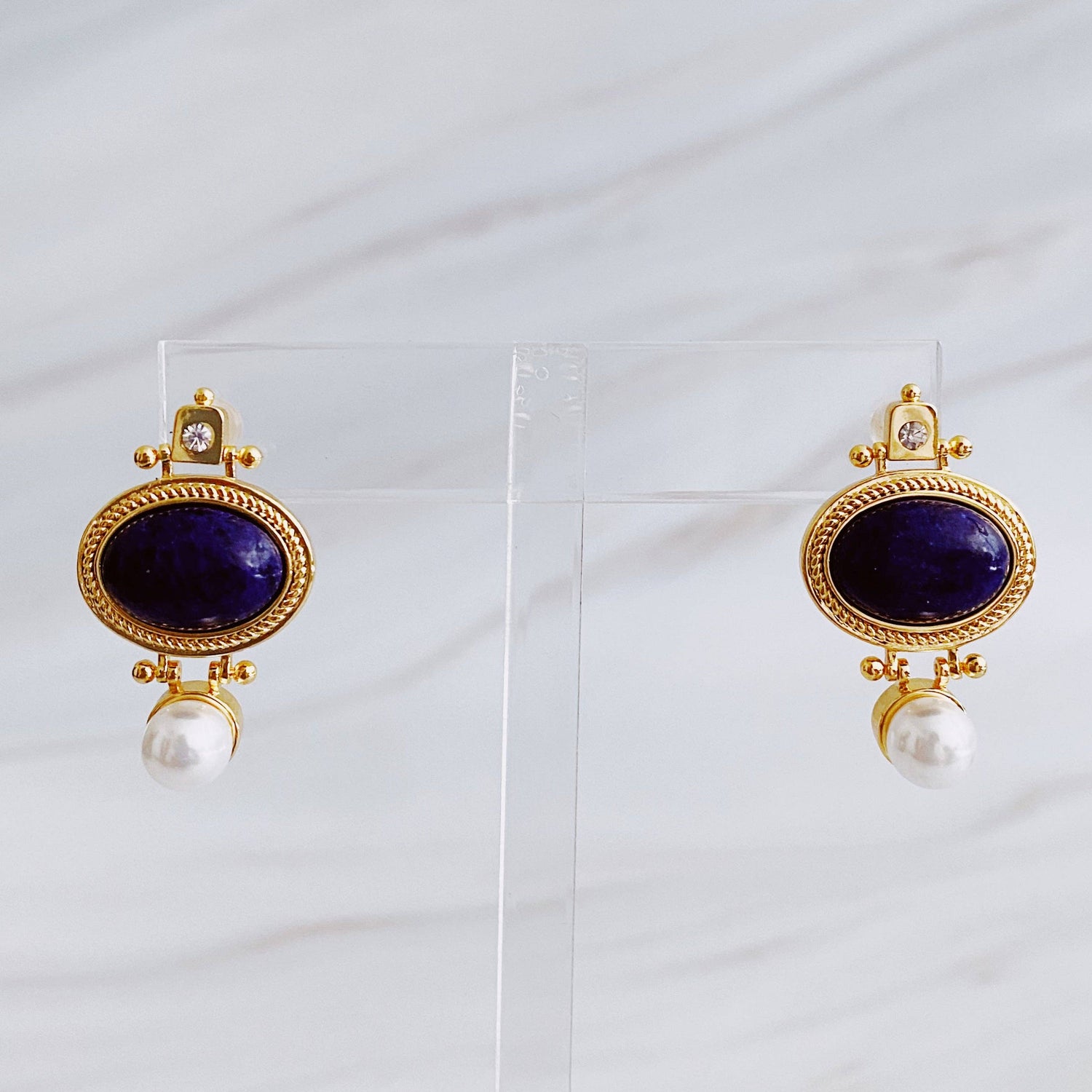 Blue Stone & Pearl Drop Earrings