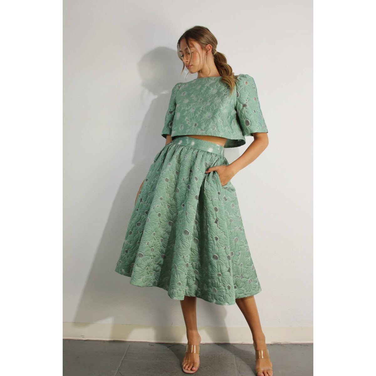 Flower Embossed Crop Top & Skirt Set