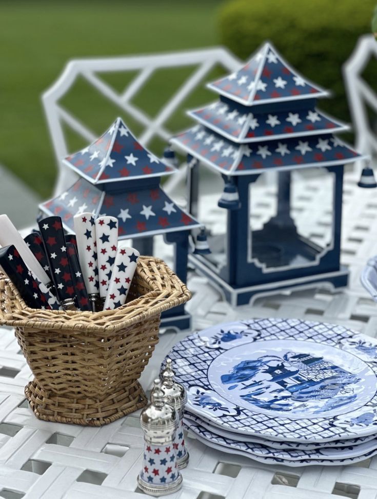 Navy with Red & White Star Pagoda Lantern (Various Sizes)