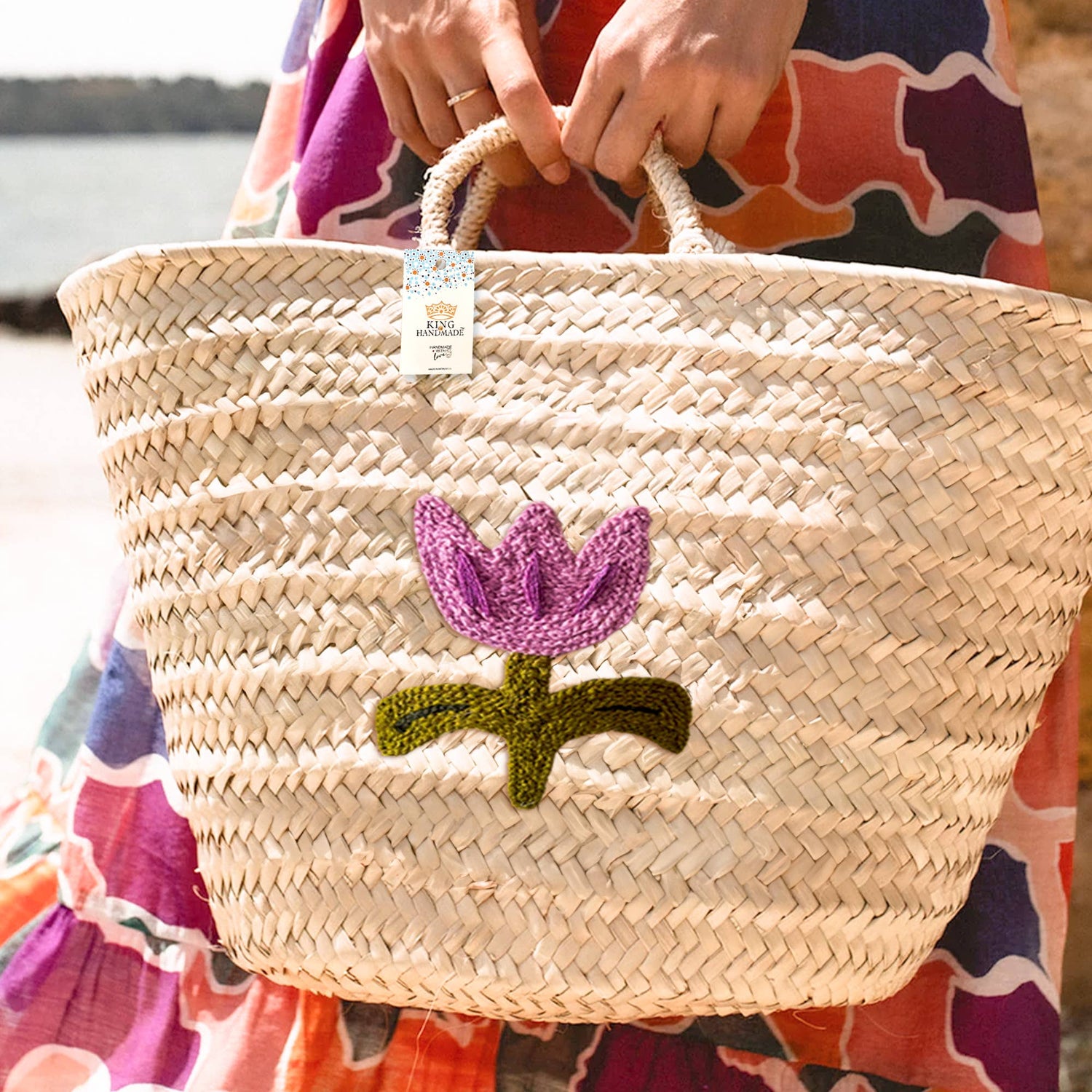 Purple Flower Straw Basket Bag
