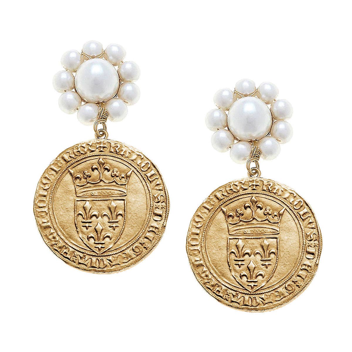 French Coin Pearl Drop Earrings in Worn Gold