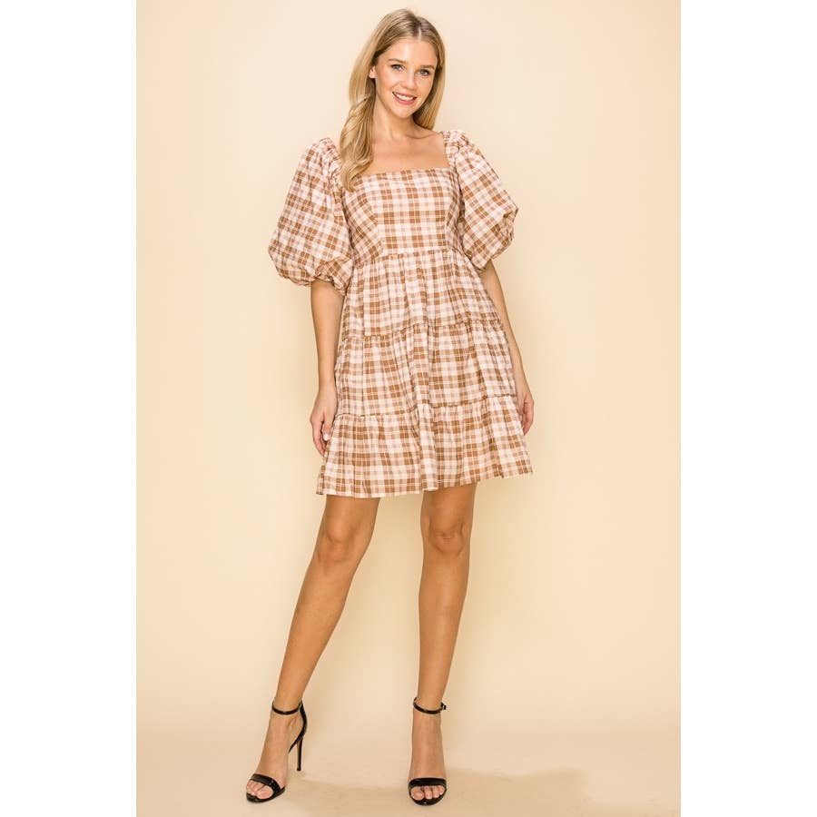 Taupe Gingham Puff Sleeve Tiered Mini Dress