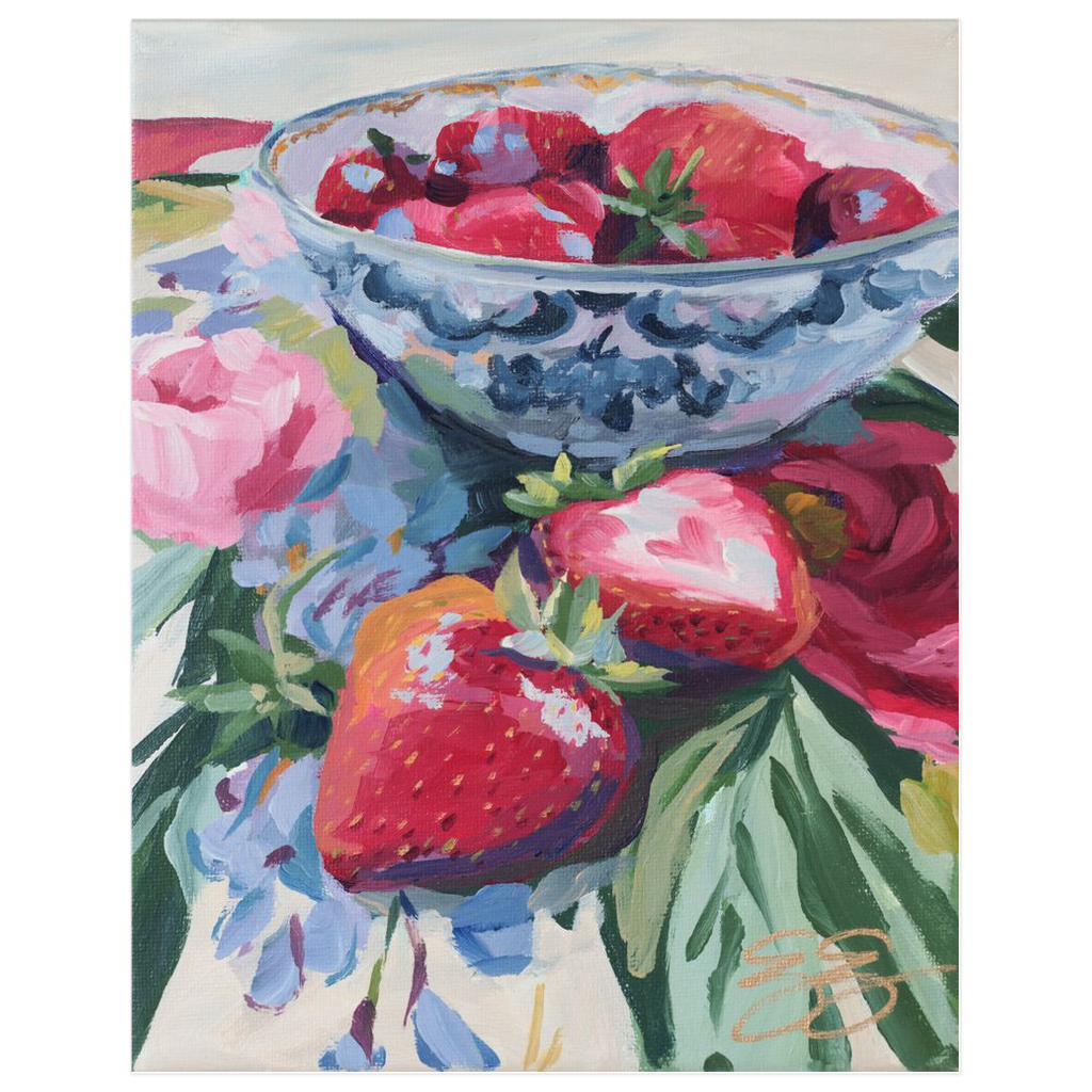 Strawberries on Floral Fabric – Fine Art Print on Paper (Various Sizes)