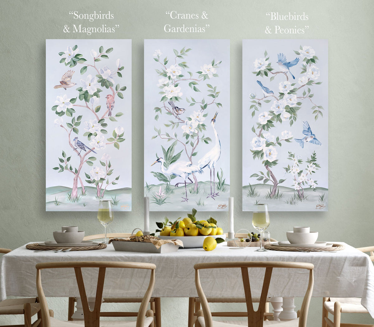 Bluebirds and Peonies – Light Blue Chinoiserie Canvas Wrap (Various Sizes)