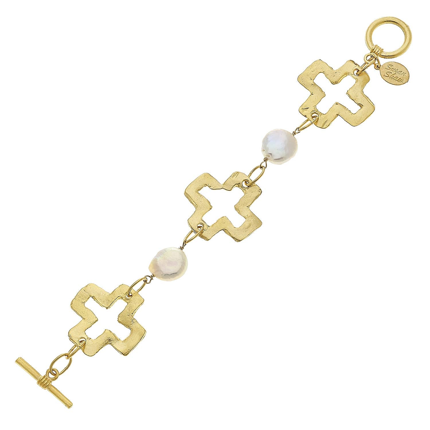 Gold Open Cross and Genuine Freshwater Pearl Bracelet