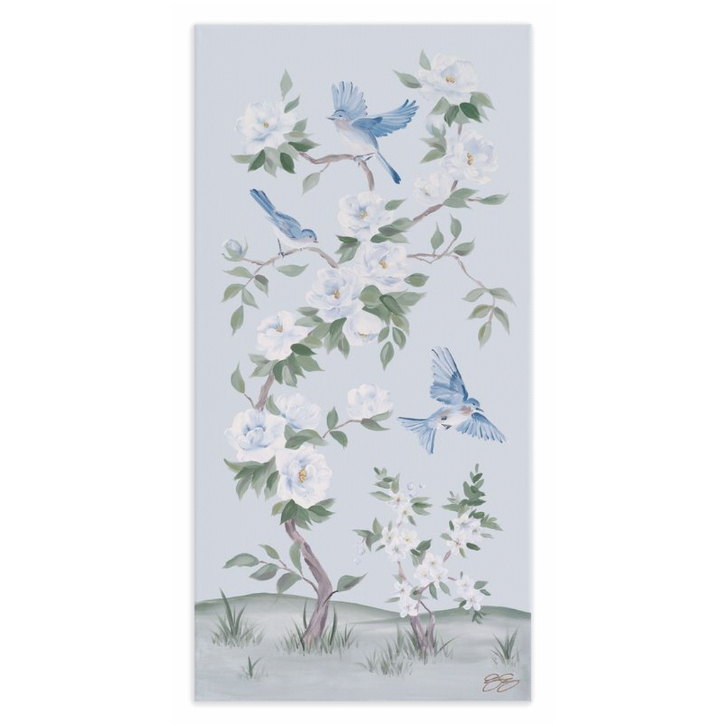 Bluebirds and Peonies – Light Blue Chinoiserie Canvas Wrap (Various Sizes)