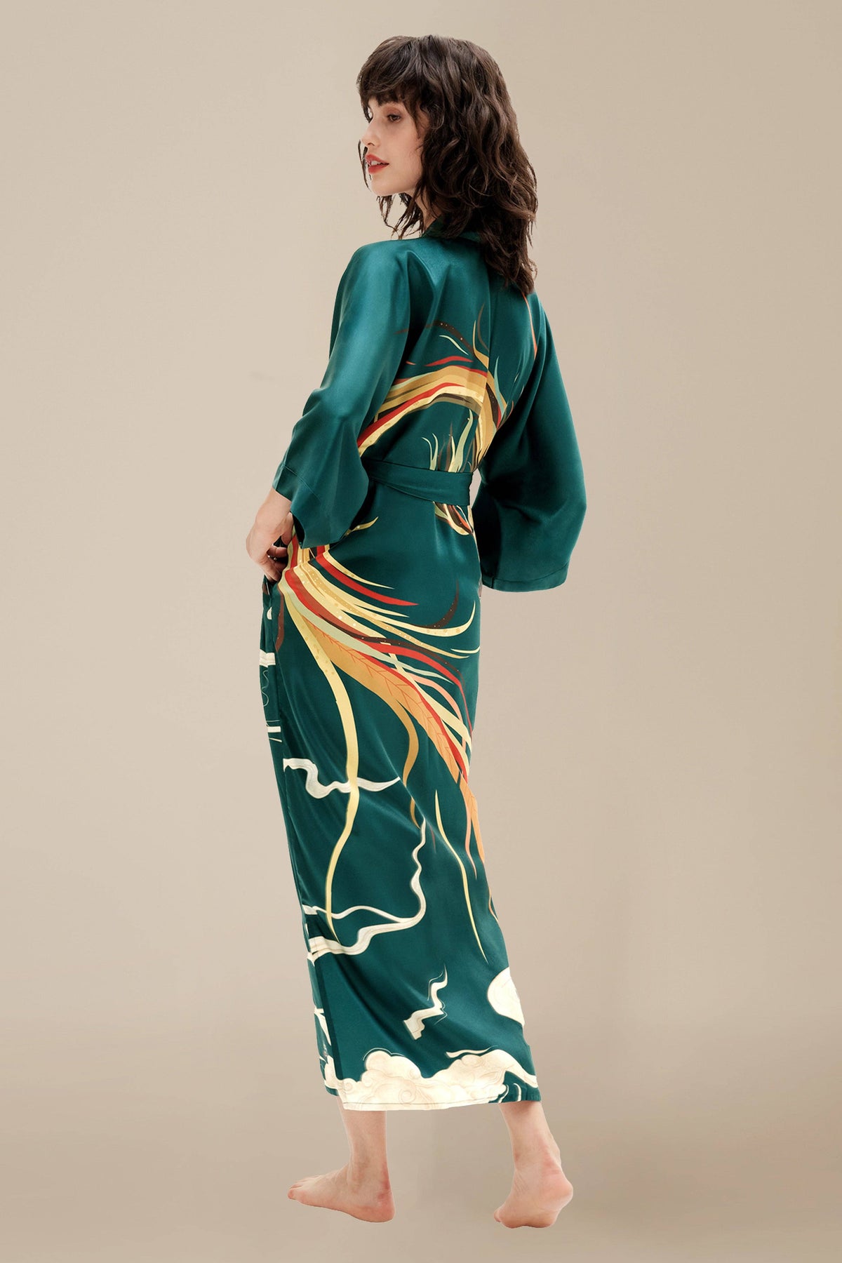 Silk-Touch Satin Kimono Robe – Phoenix Print