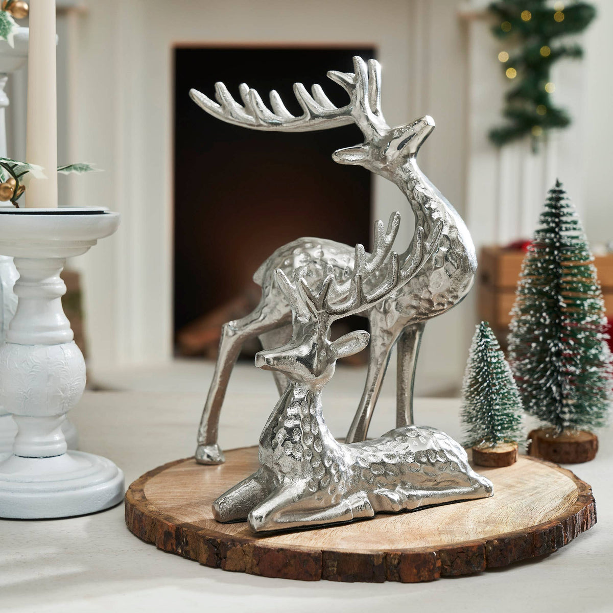 Hammered Silver Reindeer Figurines Set of 2