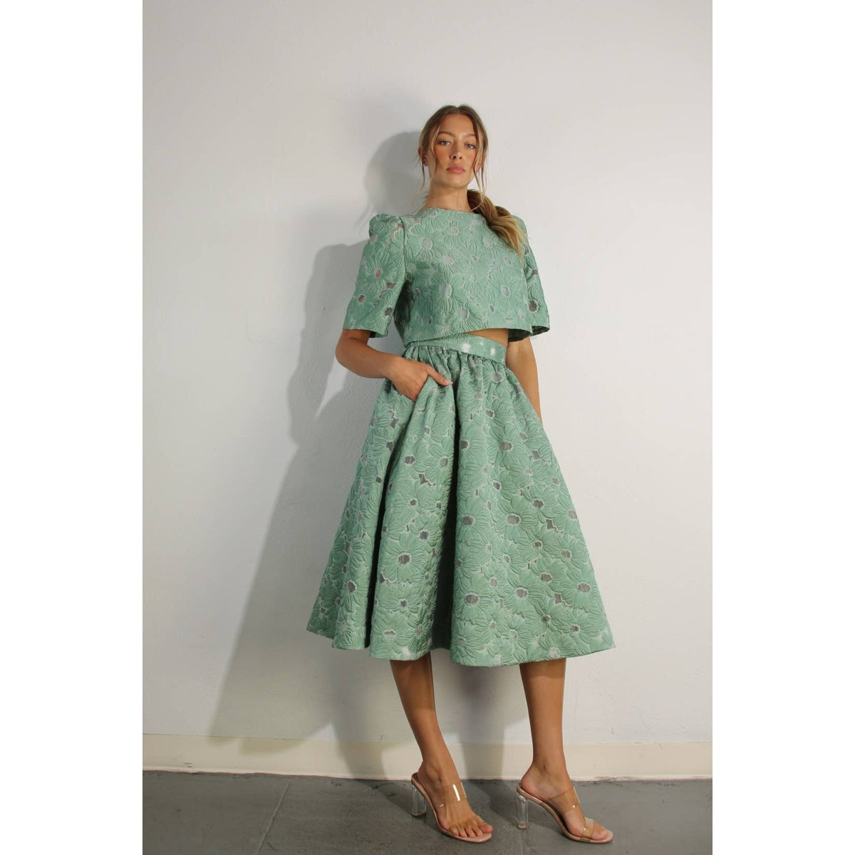 Flower Embossed Crop Top & Skirt Set