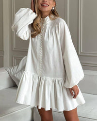 Blue & White Floral Ink Print Puff Sleeve Dress