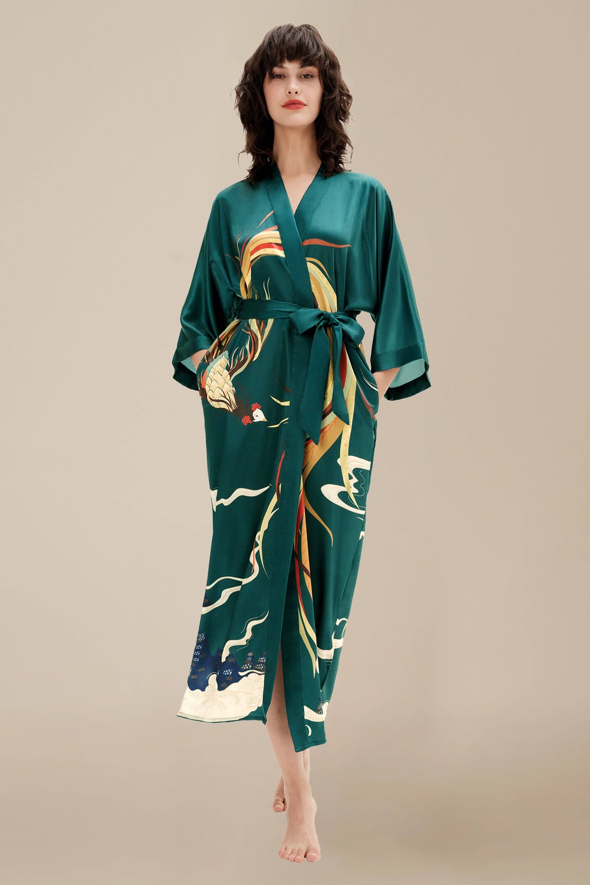 Silk-Touch Satin Kimono Robe – Phoenix Print