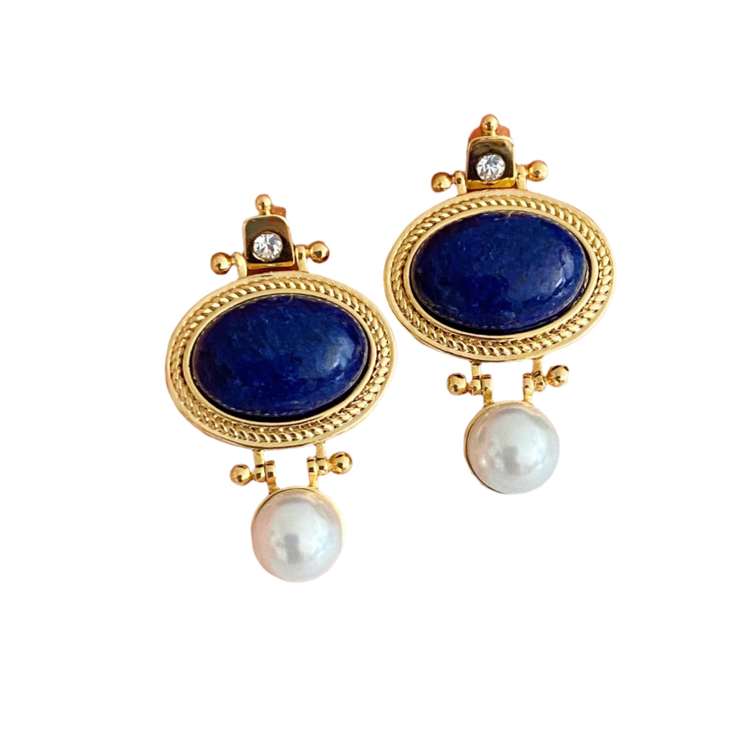 Blue Stone & Pearl Drop Earrings