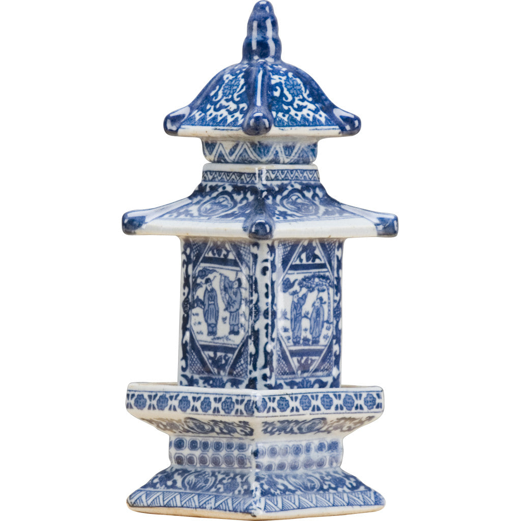Mini Blue & White Porcelain Pagoda Jar with Lid - A