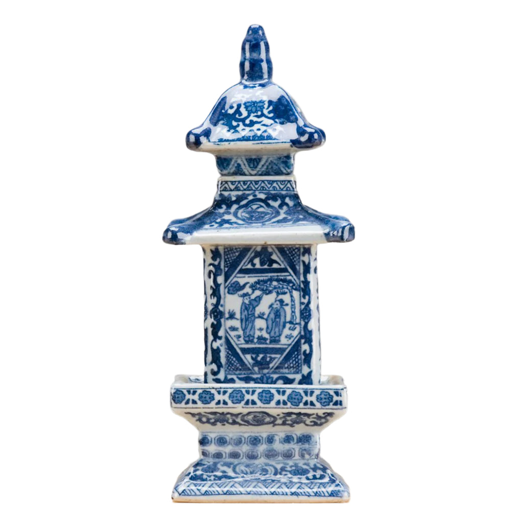 Mini Blue & White Porcelain Pagoda Jar with Lid - A