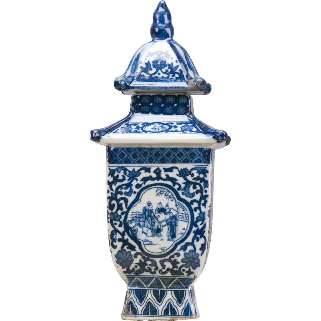 Mini Blue & White Porcelain Pagoda Jar with Lid - B