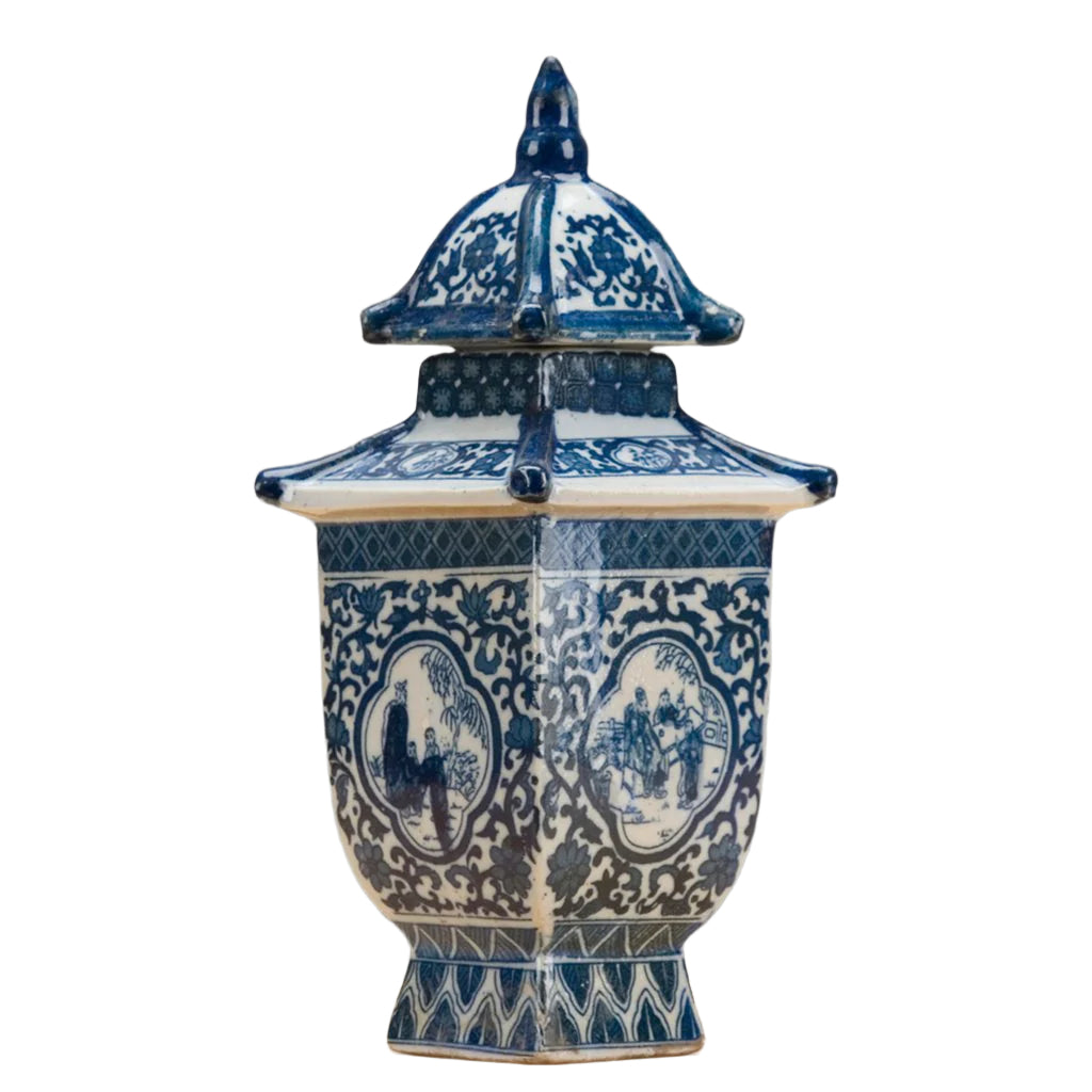Mini Blue & White Porcelain Pagoda Jar with Lid - B