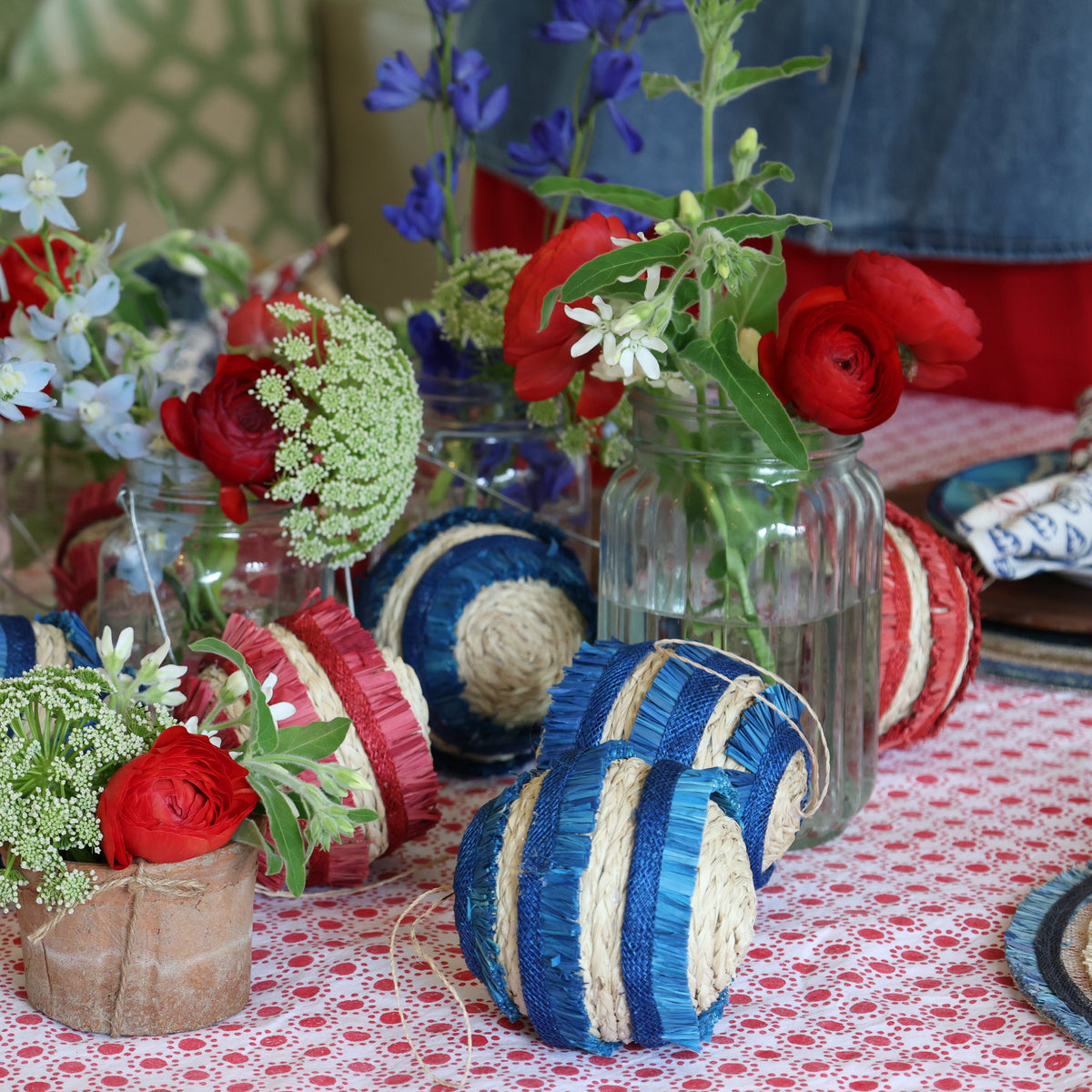 Ruffle Straw Balls, Set of Four, Red