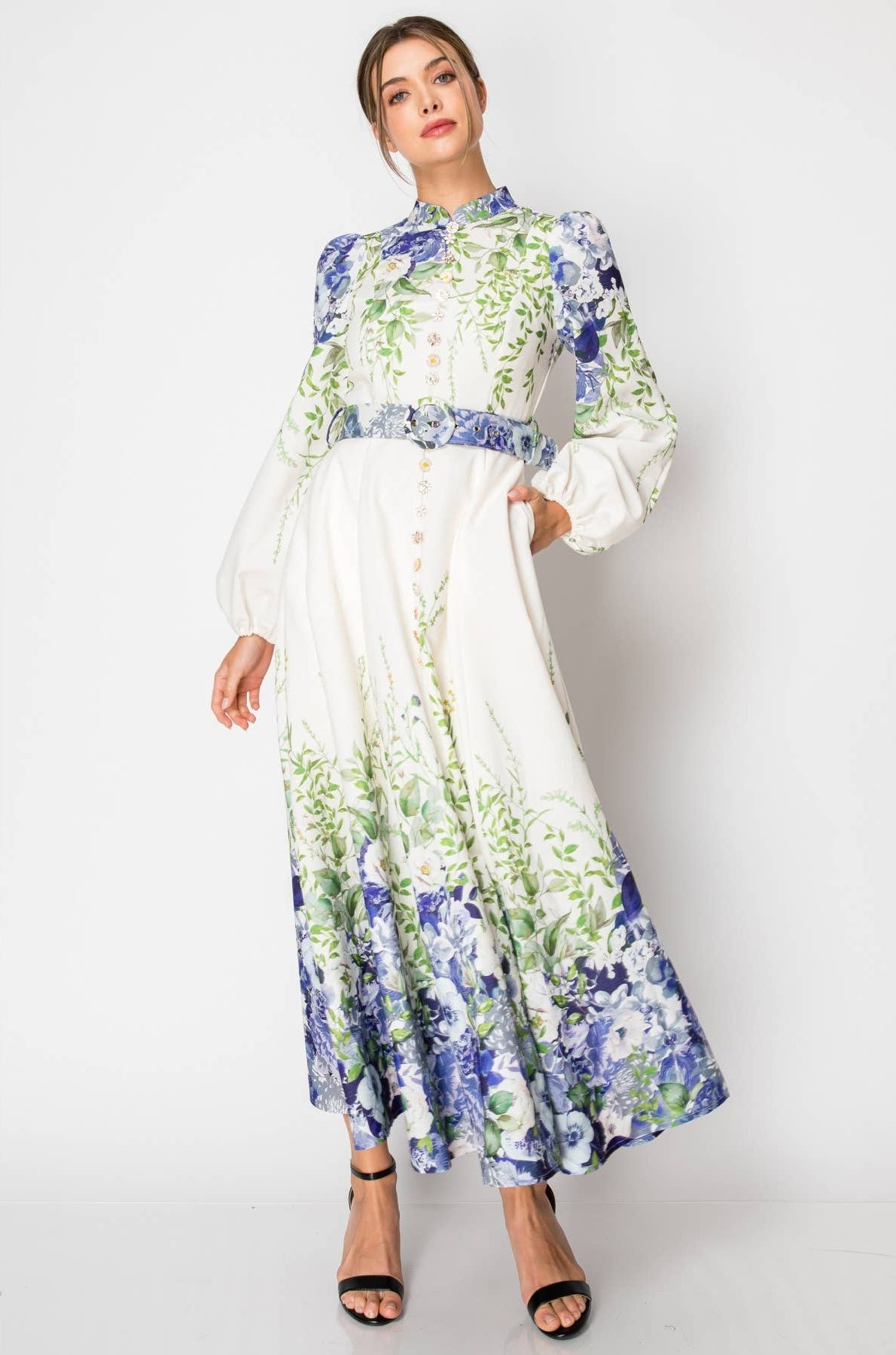 Long Puff Sleeve Floral Print Maxi Dress