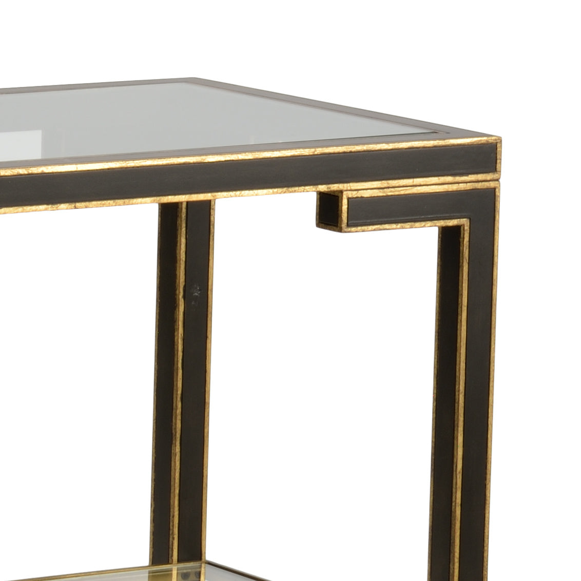Black Console Table with Gold Trim and Glass Top & Shelf