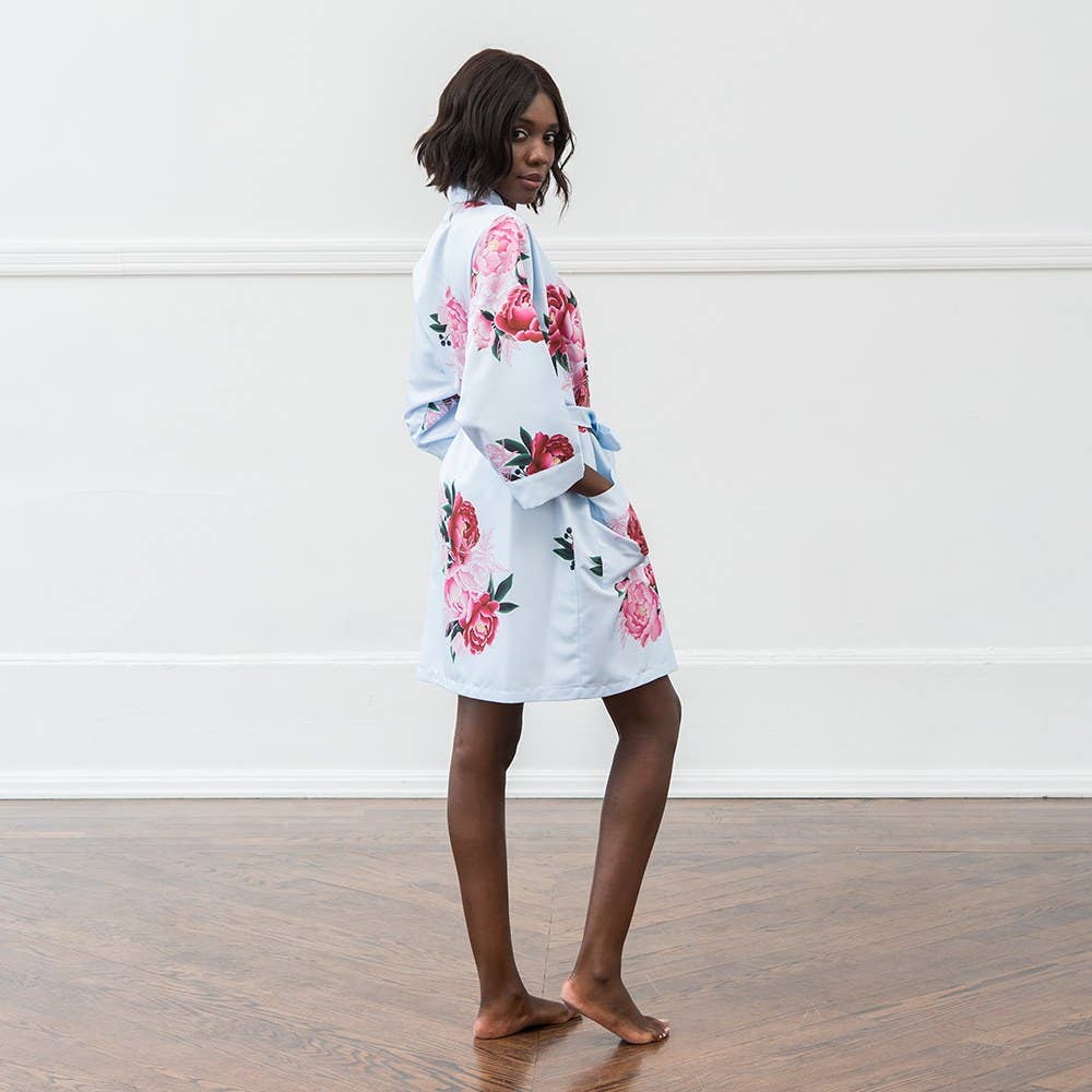 Floral Satin Robe with Pockets – Light Blue with Greenery &amp; Red Florals