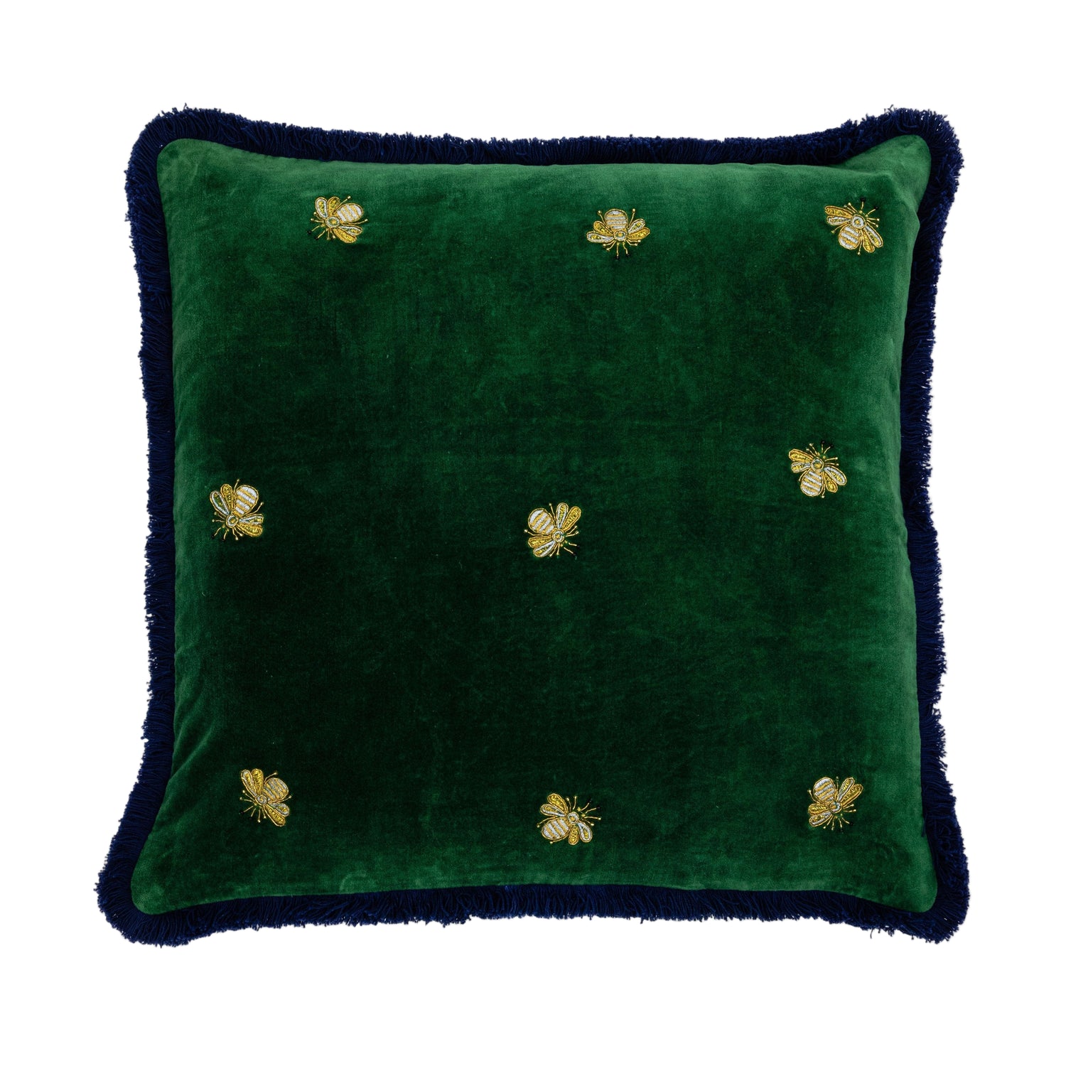 Embroidered Bee Fringe Pillow – Hunter Green Cotton Velvet