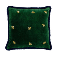 Embroidered Bee Fringe Pillow – Hunter Green Cotton Velvet