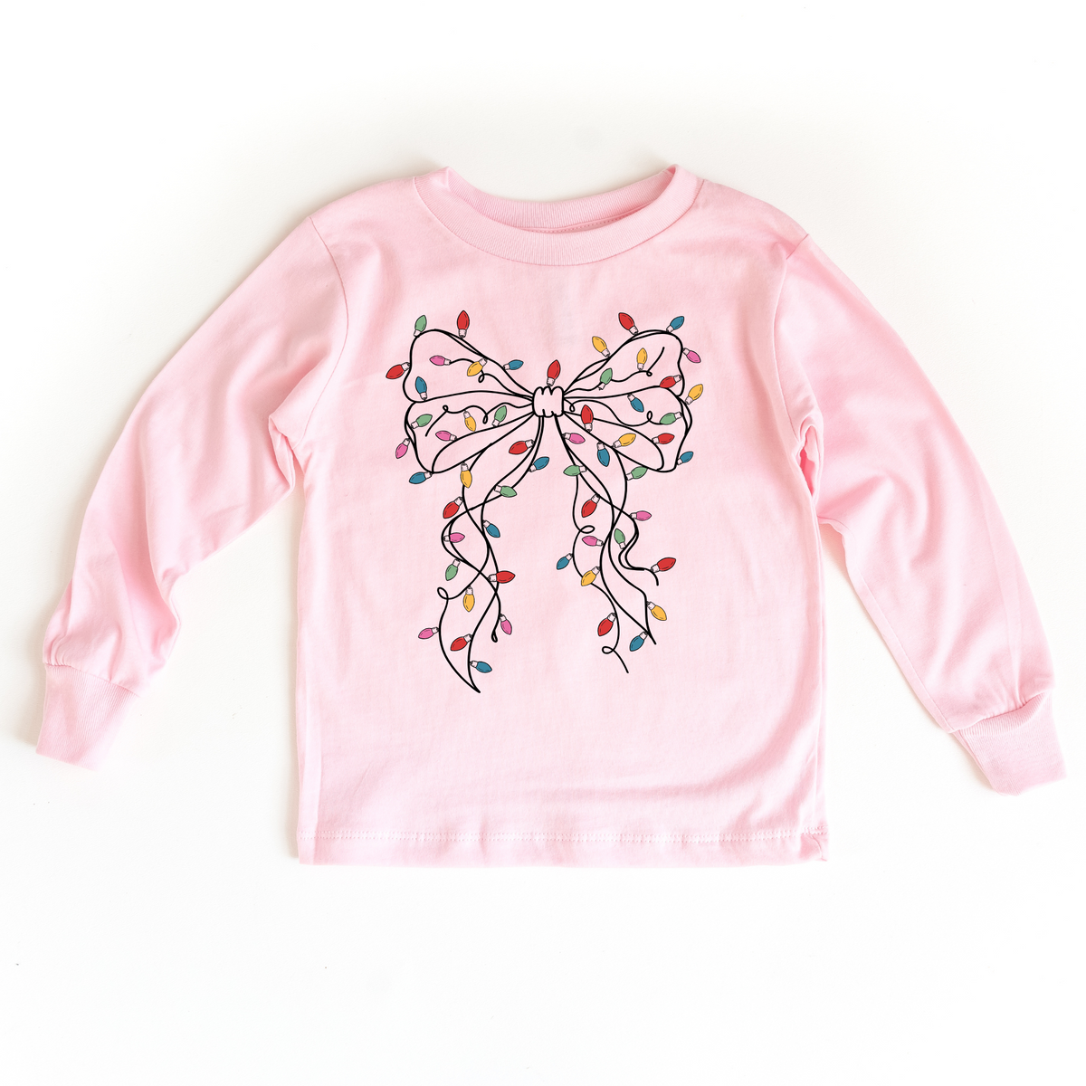 Girls Coquette Bow Christmas Lights Tee Sweatshirt (Various Colors/Short & Long Sleeve Options))