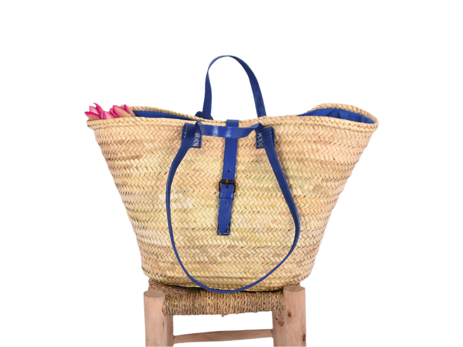 Handwoven Large Beach Basket w/ Blue Leather