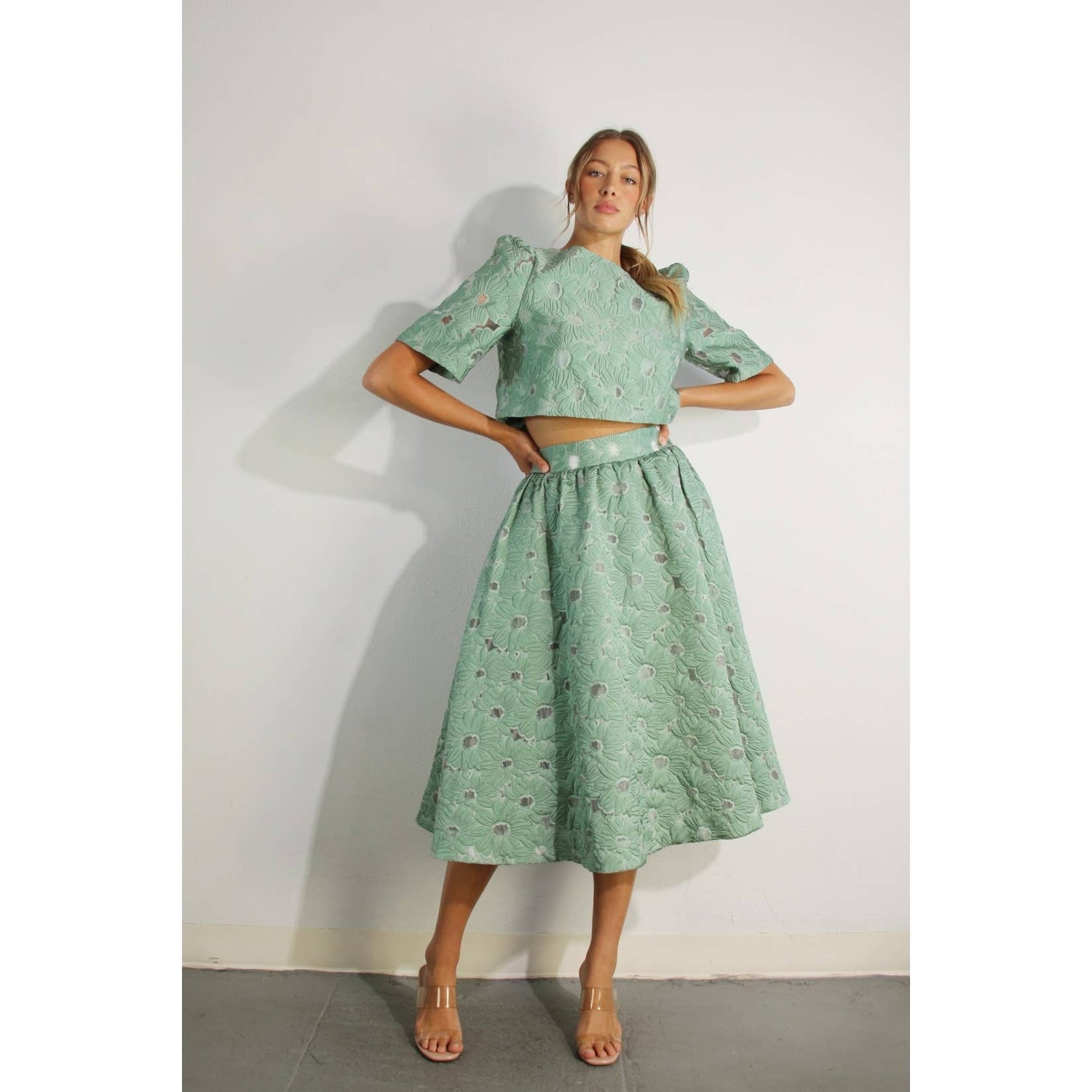 Flower Embossed Crop Top & Skirt Set