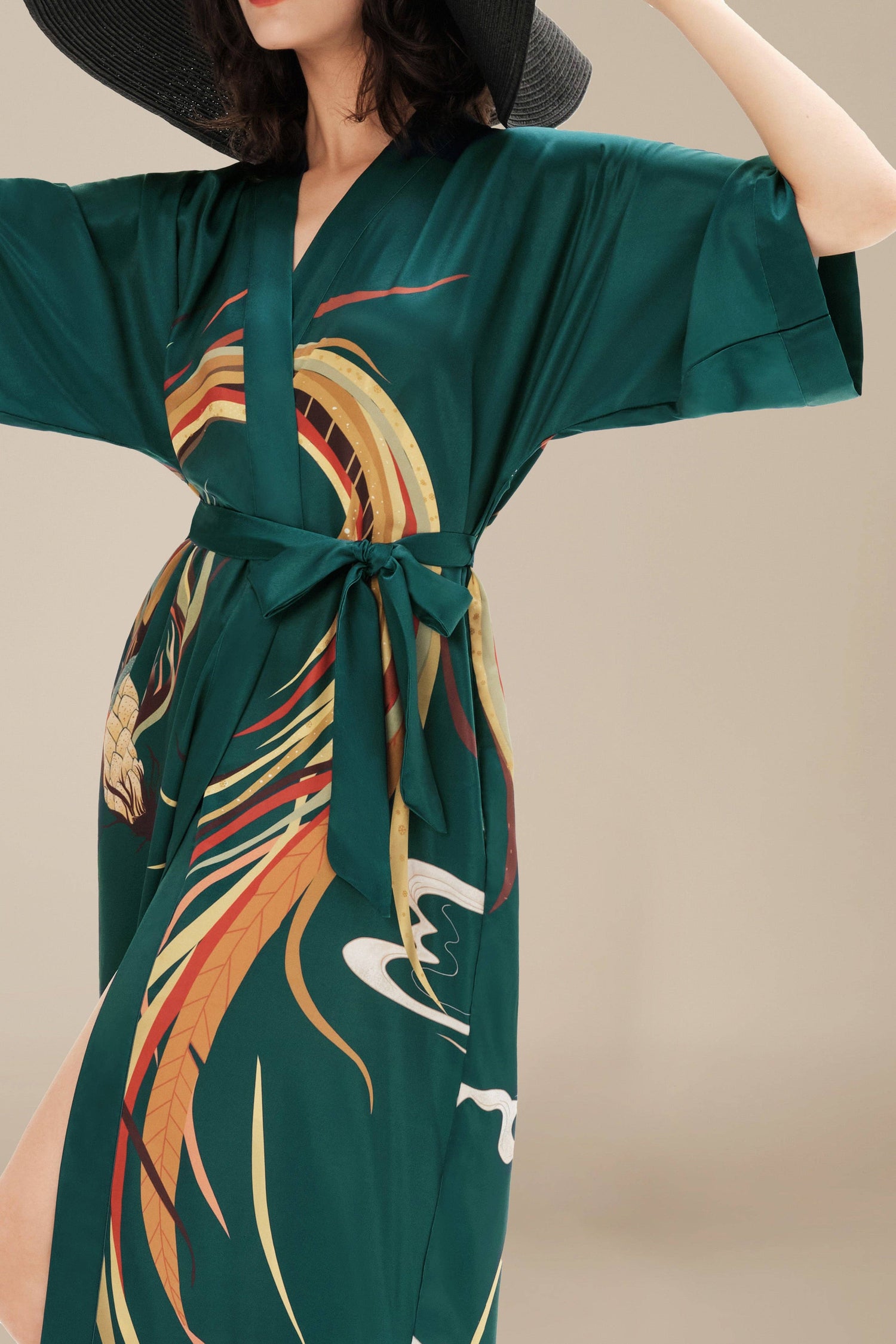 Silk-Touch Satin Kimono Robe – Phoenix Print