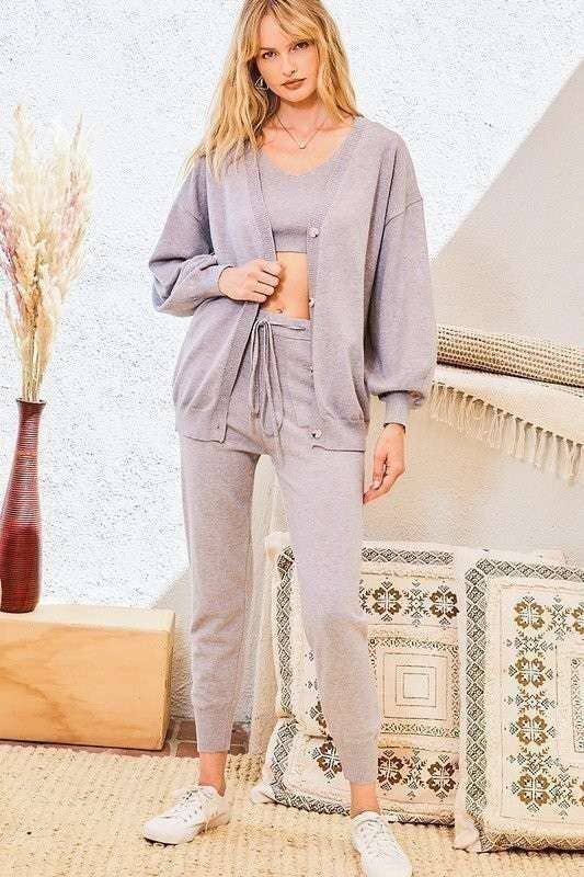 Grey 3-Piece Lounge Set – Crop Vest, Jogger Pants &amp; Button-Down Cardigan