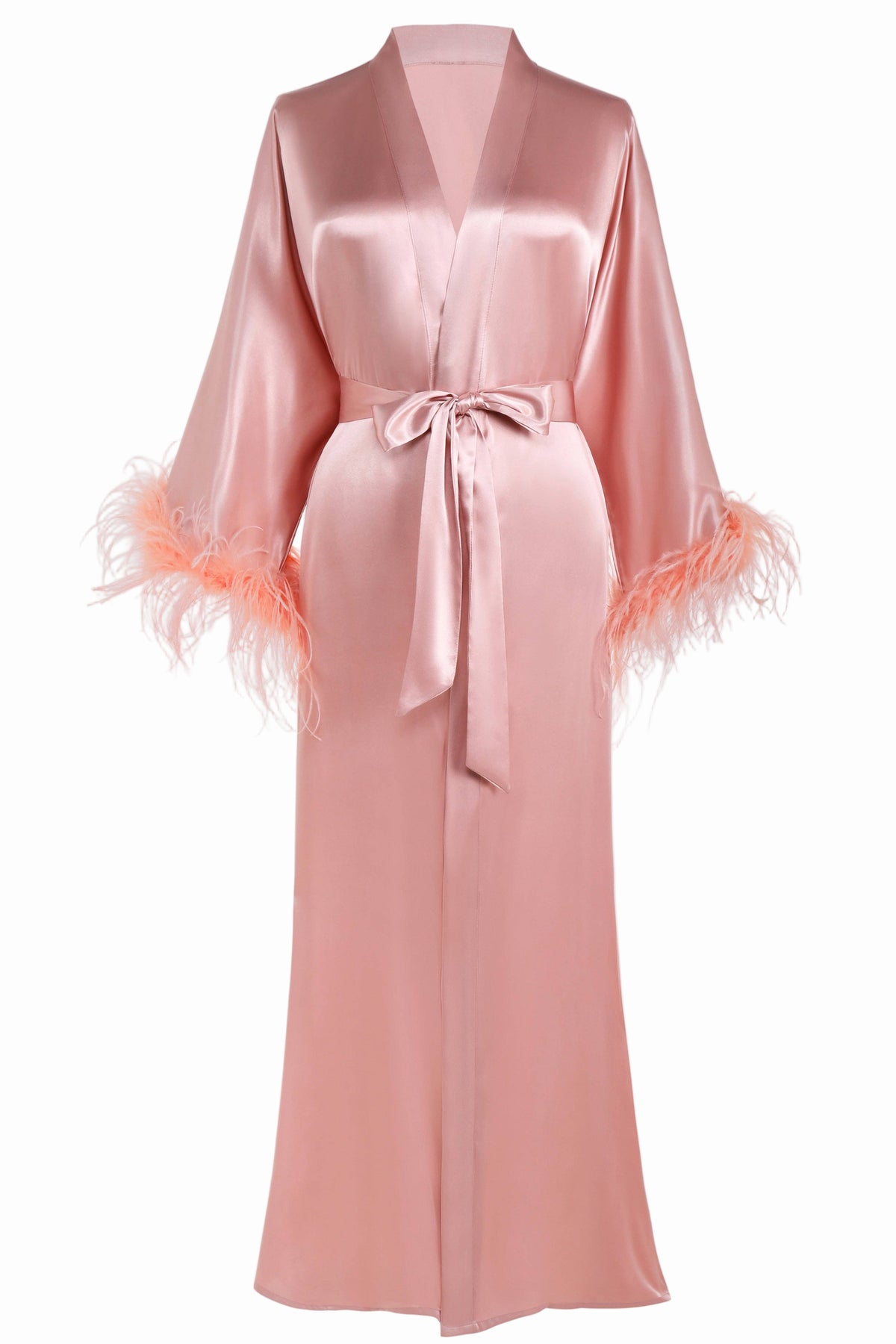 Silky Satin Kimono Robe with Ostrich Feather Trim
