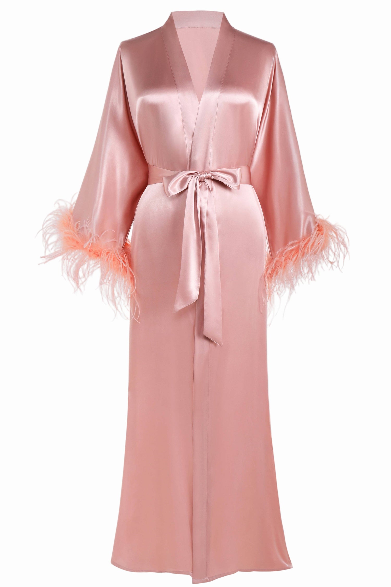 Silky Satin Kimono Robe with Ostrich Feather Trim