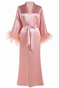 Silky Satin Kimono Robe with Ostrich Feather Trim